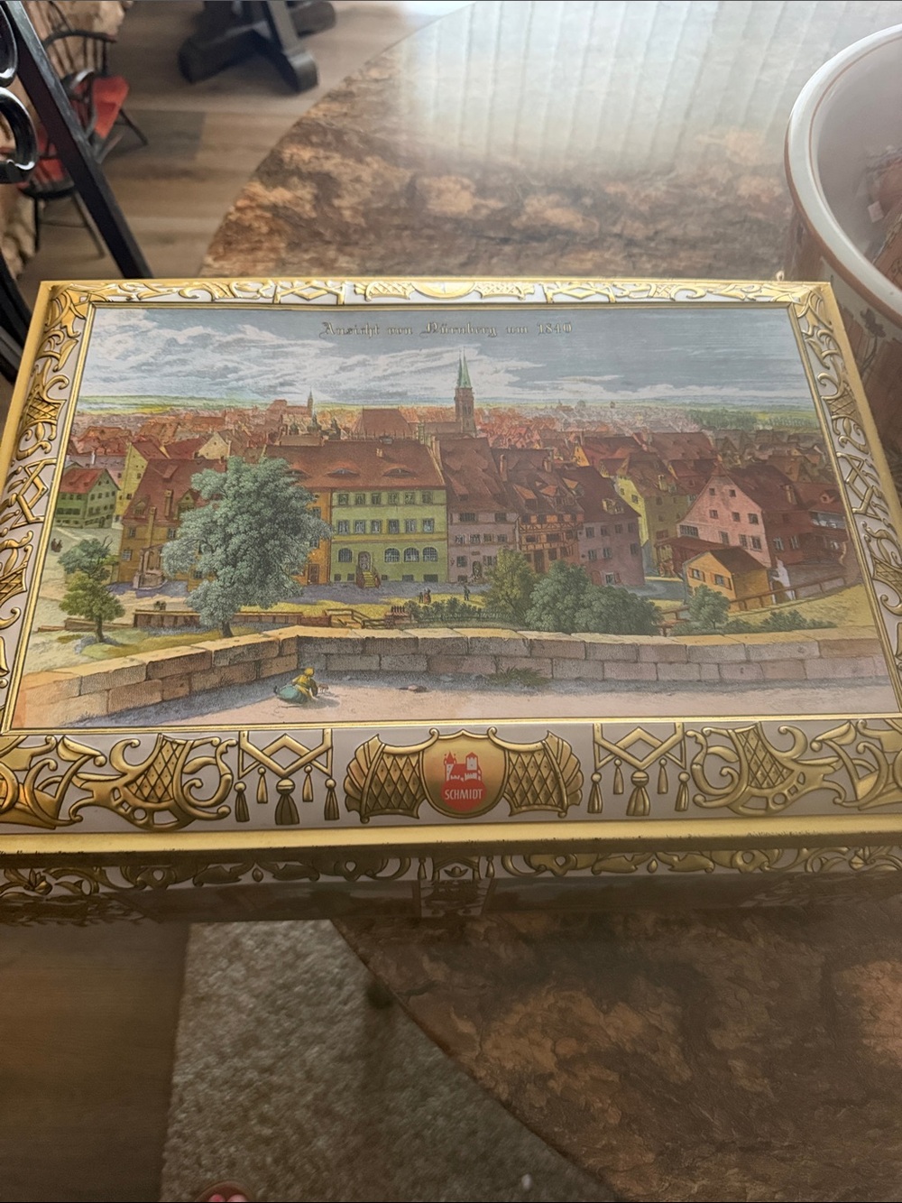 Decorative Gold Tin Storage Box with Scenic Lid - Gold
